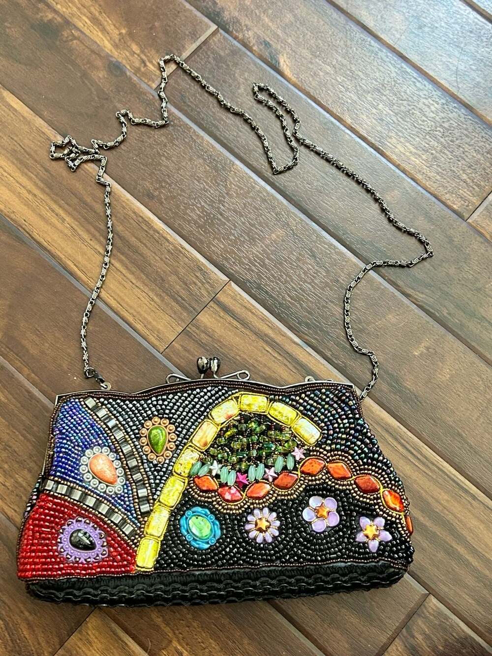 Vintage Beaded Multi-Color Gemstone Embellished Evening Clutch Bag w/Chain Strap - Picture 10 of 14